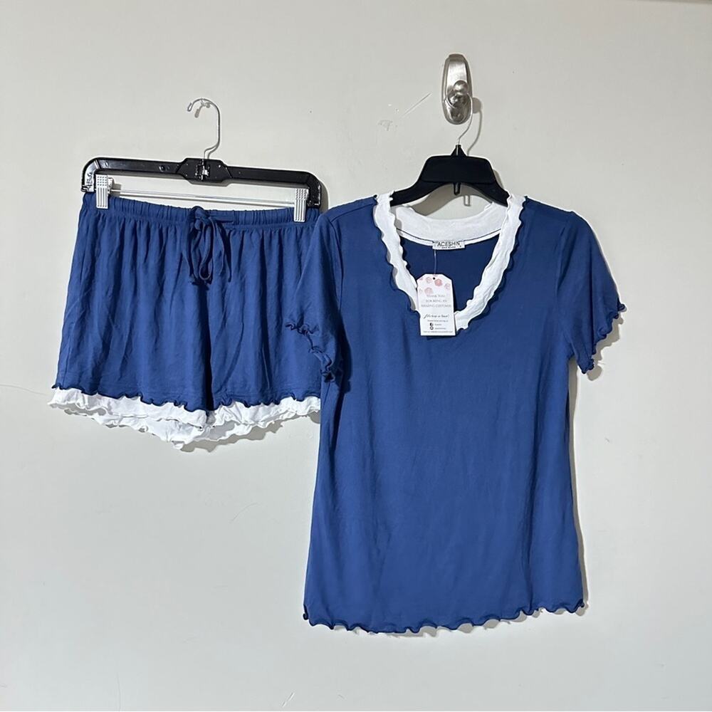 👉 2 Pieces Women’s Solid Short Sleeve V Neck Elastic Waist Pants Size S